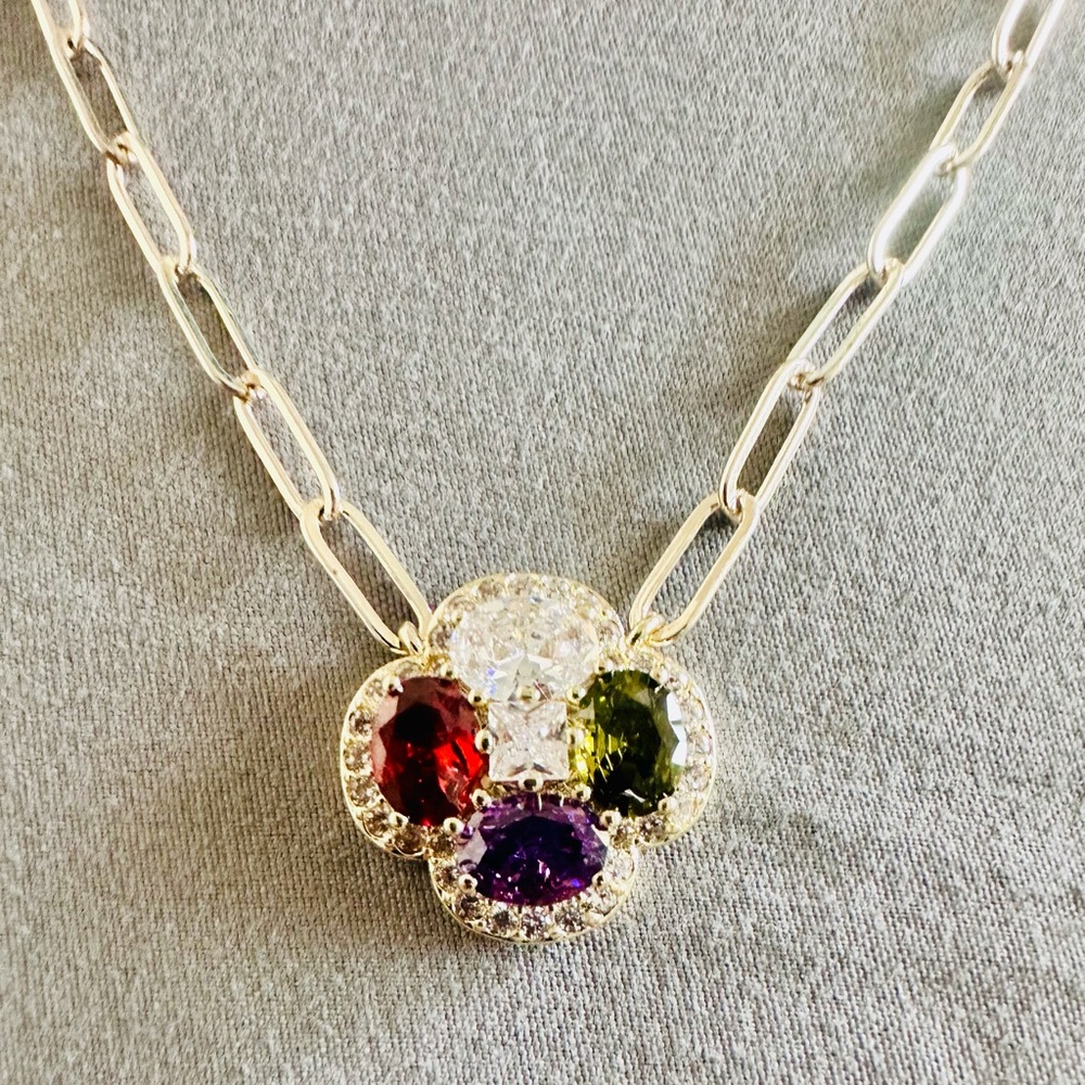 Multicolor Jewel Tone Clover On Paperclip Chain